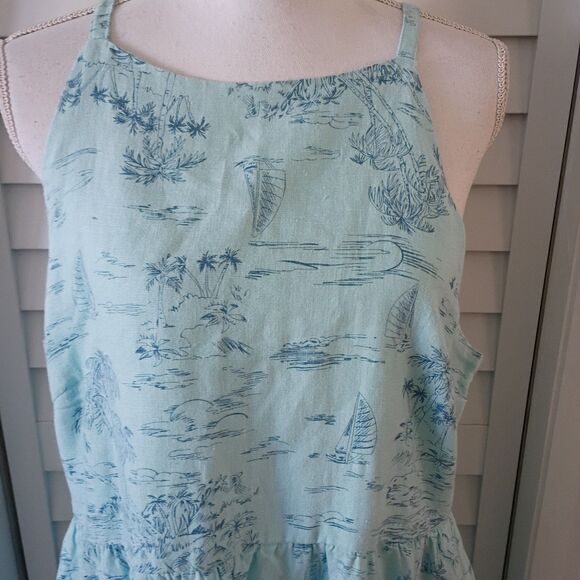 Lands' End Blue High Neck Halter Linen Midi Dress Sailboat Beach print L - Picture 3 of 10